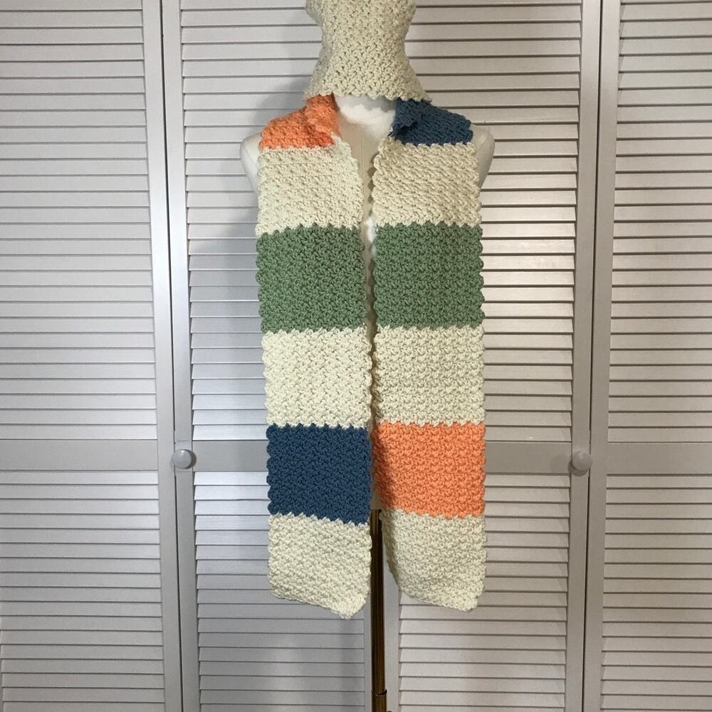 NWT Handmade Crochet Textured Winter Beige Striped Scarf 66” & Beanie